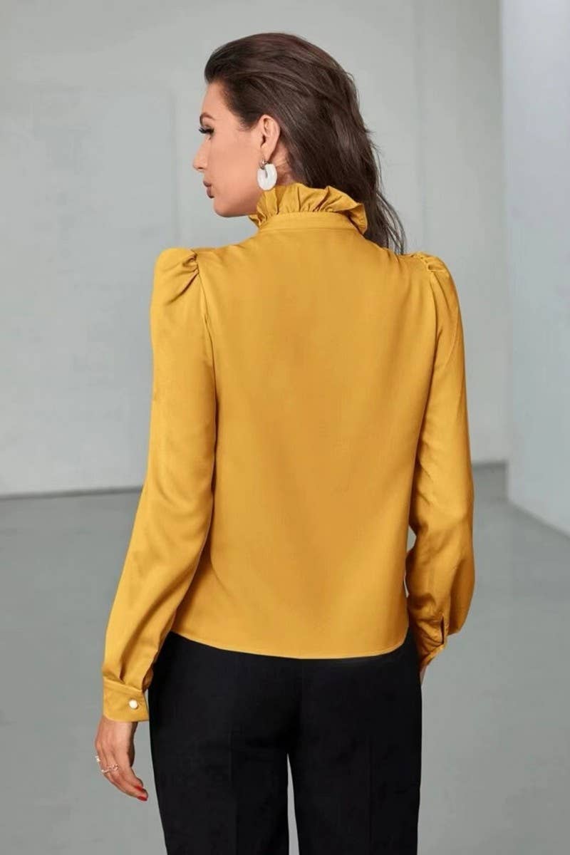 CWTBLS2041_SOLID COLOR RUFFLED LONG SLEEVE BLOUSE