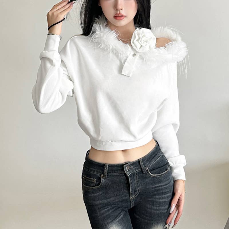 FLEECE COLLAR STEREO FLORAL OFF-THE-SHOULDER TOp