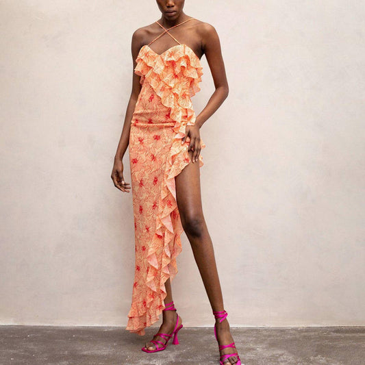 FLORAL DRESS WITH CROSSED WOODEN EARS