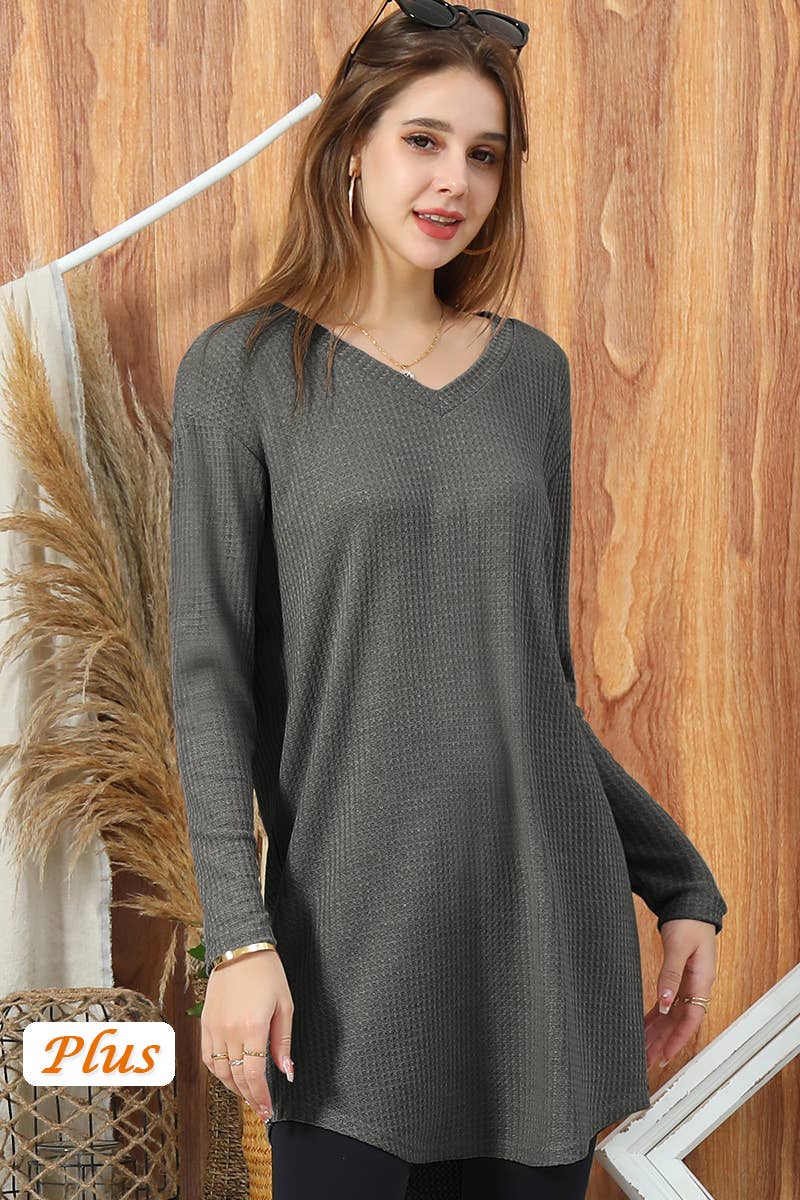 CWTTL1008_SOLID V NECK LONG SLEEVE KNIT SWEATER LONG TOP