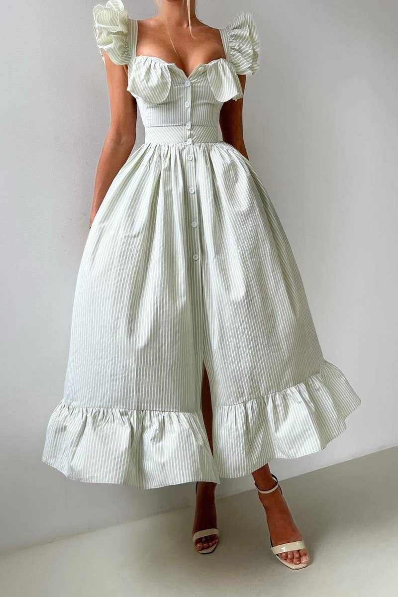 CWDHL1048_TEMPERAMENTAL COMMUTER STYLE RUFFLE STRIPED DRESS