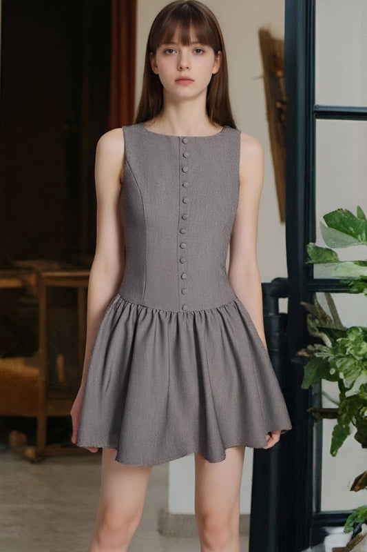 CWDSD8905_SLEEVELESS BUTTON A-LINE RUFFLE MINI DRESS