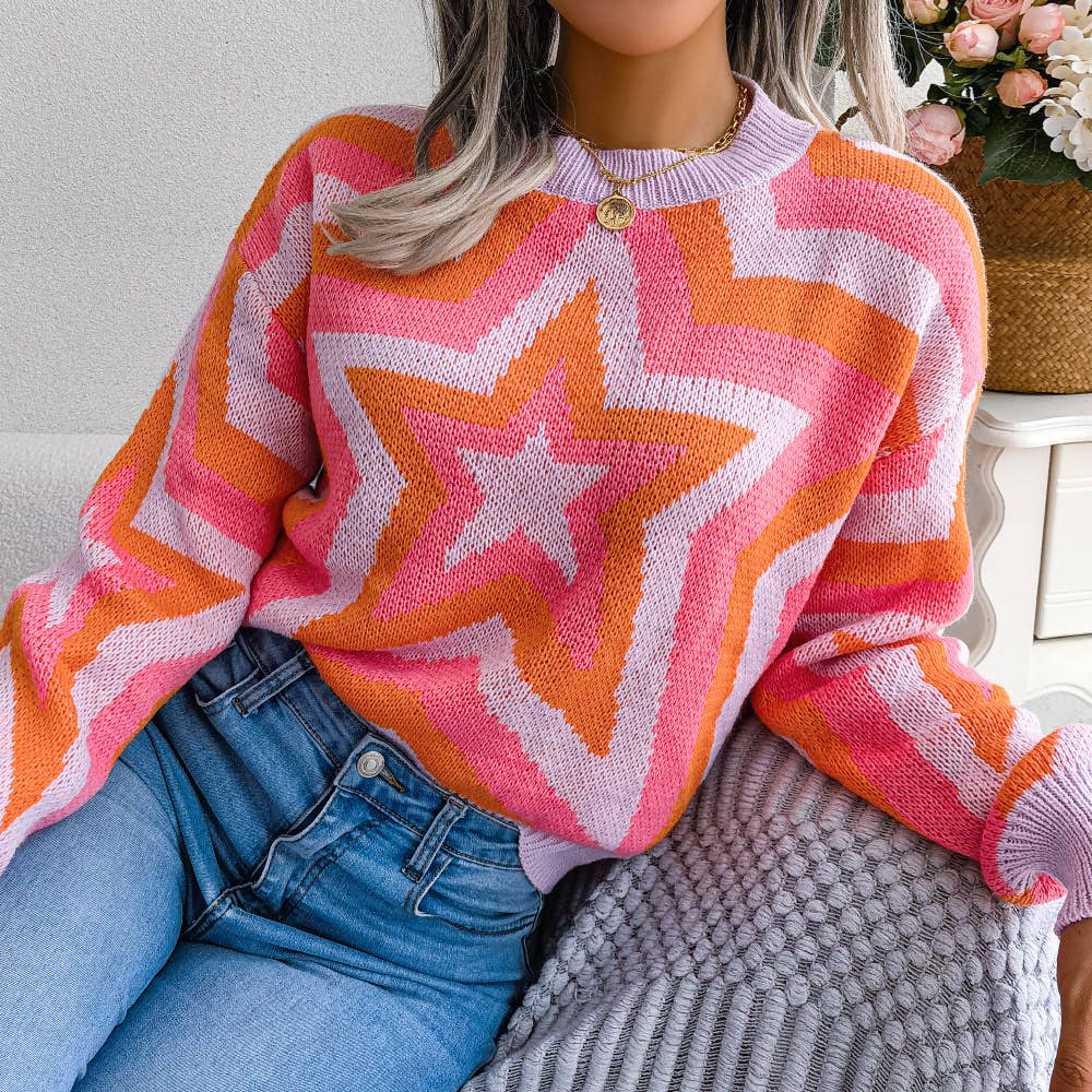 CONTRASTING STAR LONG-SLEEVED PULLOVER SWEATER