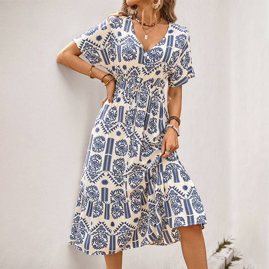 Boho print midi A-line dress with waist tie