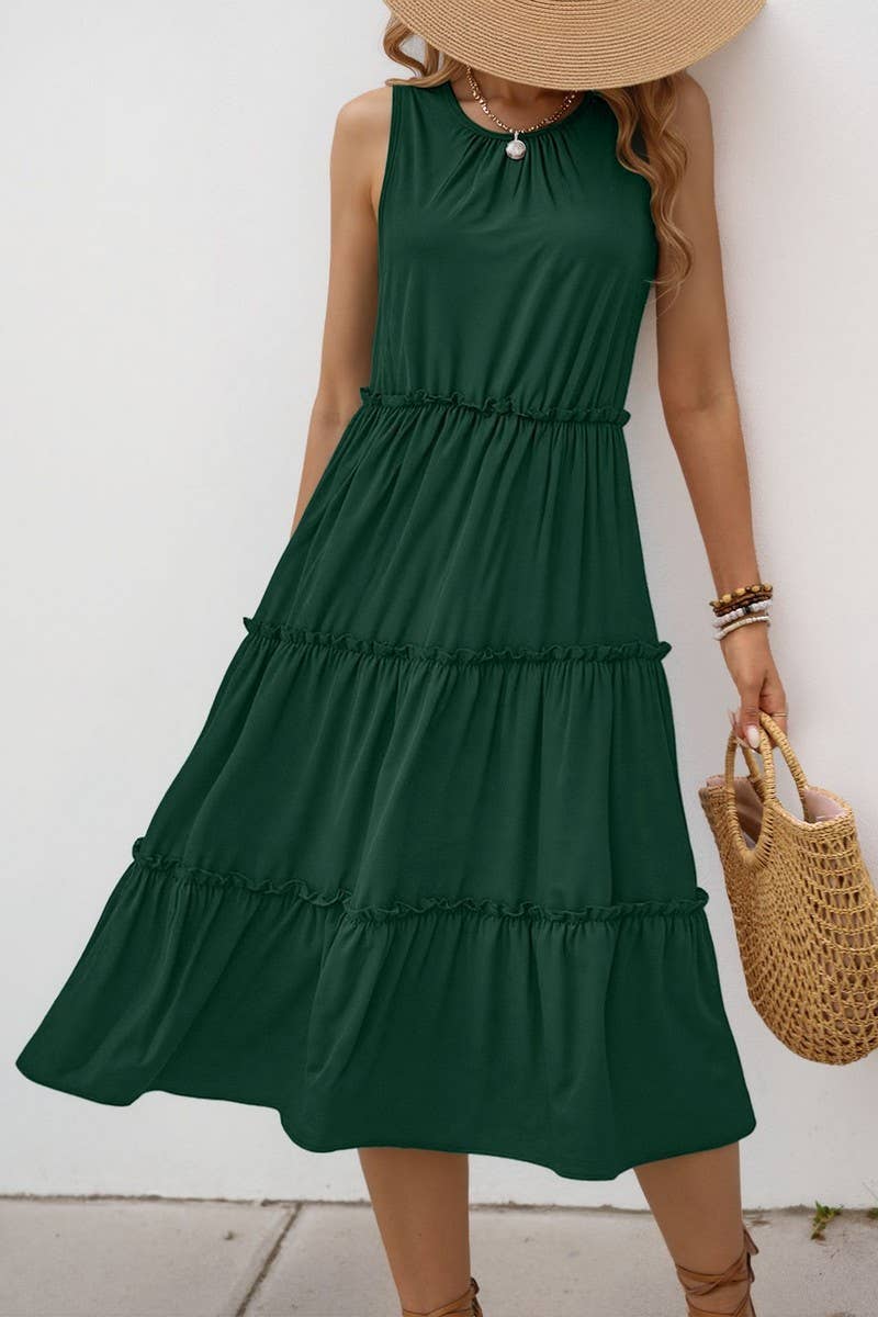 CWDMD5773_SOLID RUFFLED SLEEVELESS PLEATED MIDI DRESS