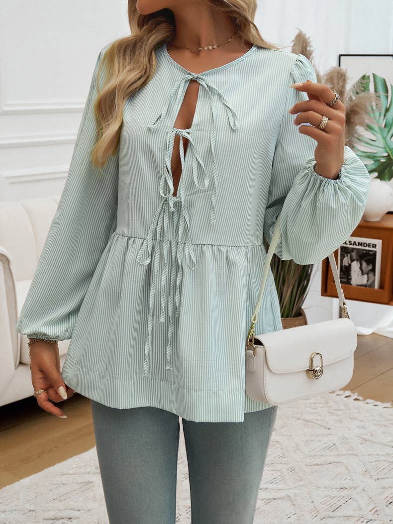 CASUAL LOOSE STRIPED LACE-UP SHIRT