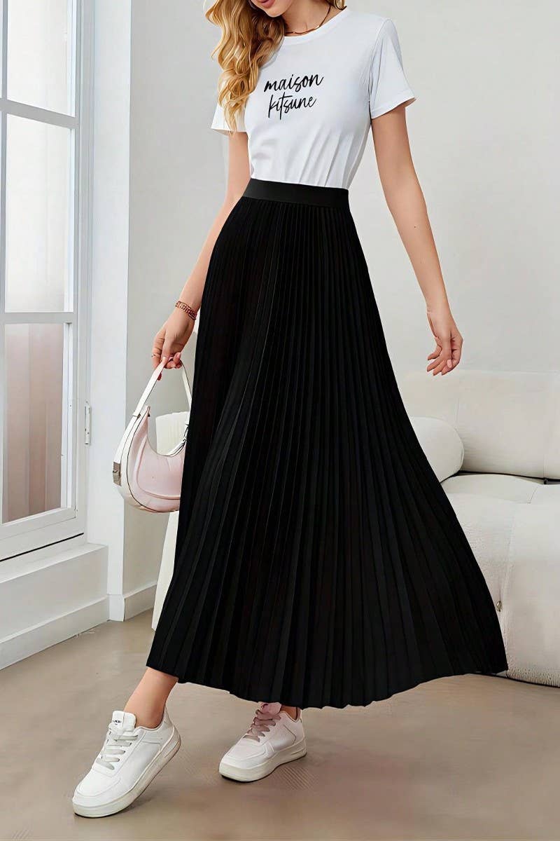 CWBLS0513_PLEATED FLARED A-LINE POLYESTER MIDI SKIRT