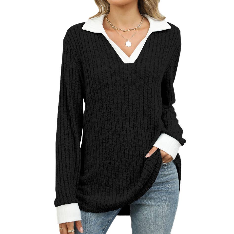 COLOR CONTRAST LAPEL LONG SLEEVE LOOSE T-SHIRT