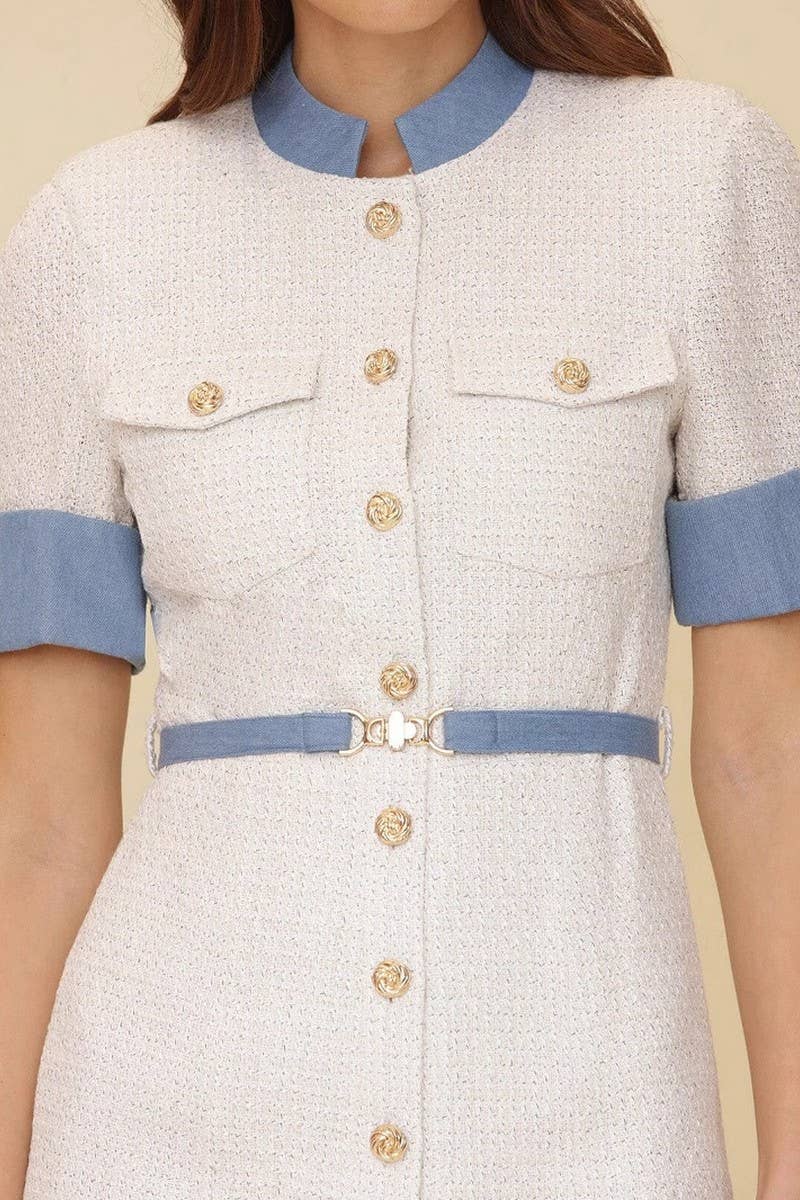 CWDSD8815_ELEGANT COLORBLOCK BUTTONED BELTED MIDI DRESS