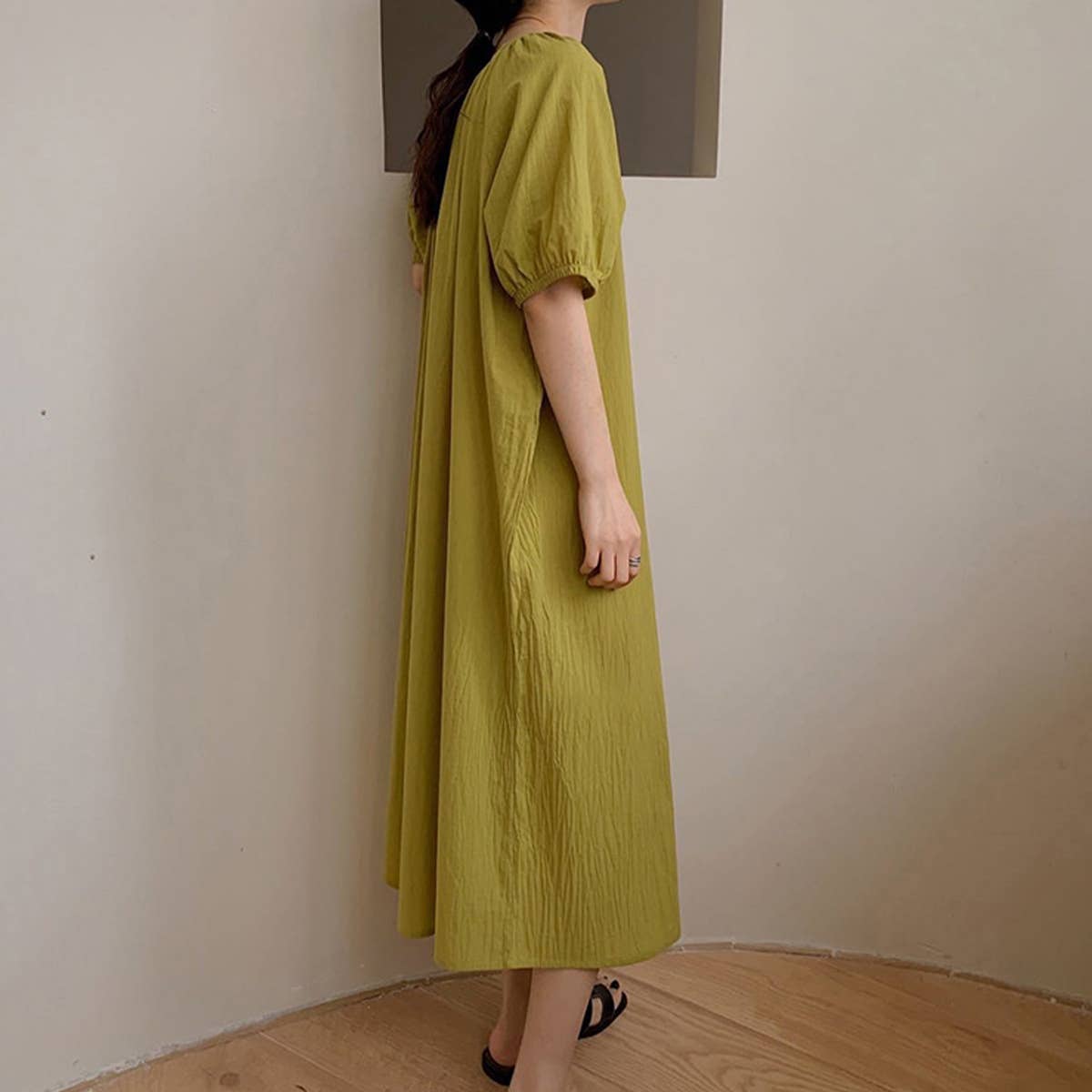 COTTON LACE DESIGN PUFFY SLEEVE DRESS