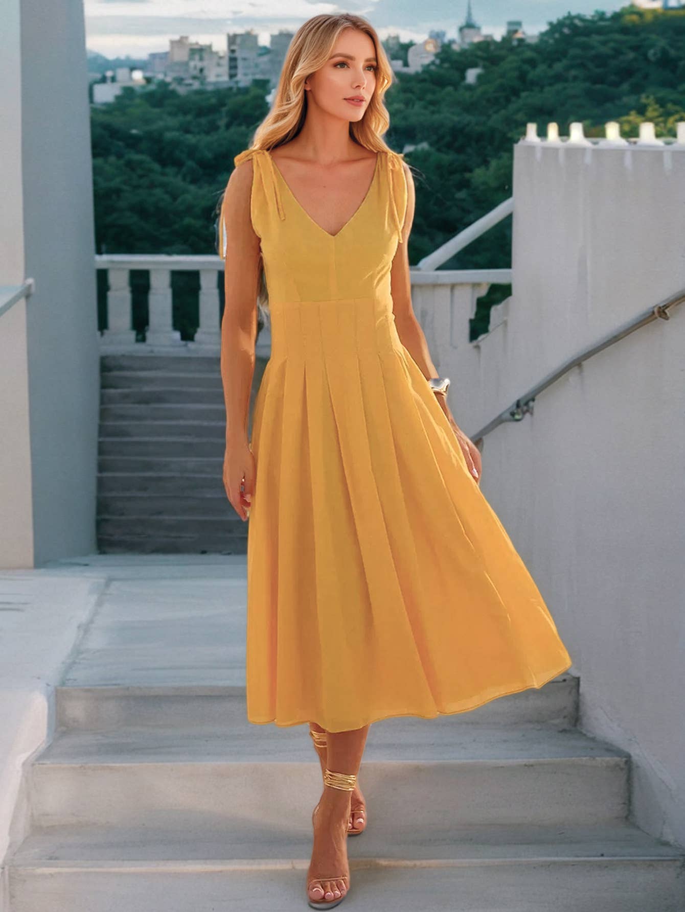 Elegant V-neck Tie Waist A-line Maxi Dress