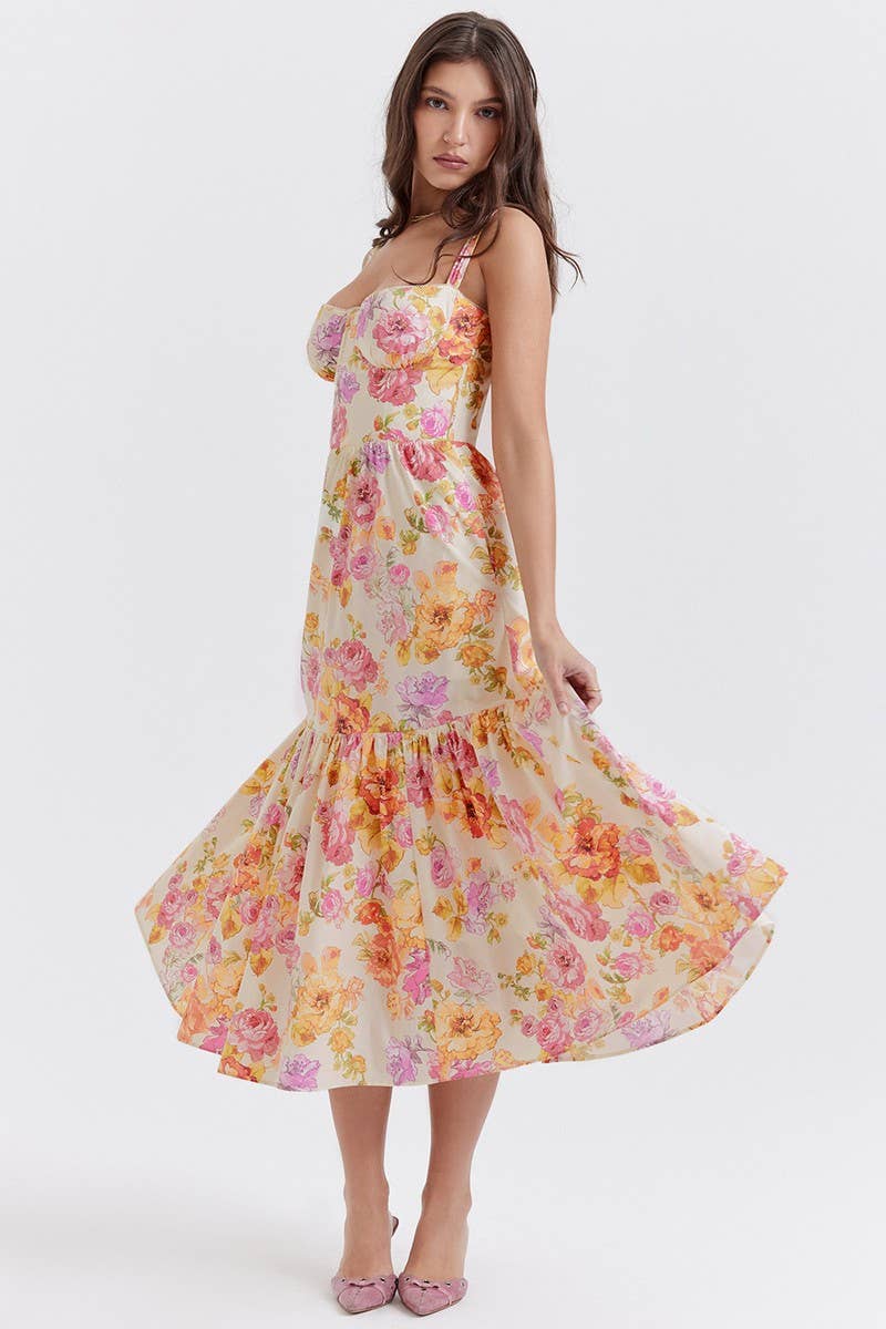 CWDMD5623_OFF-SHOULDER PLEATED LACE FLORAL DRESS