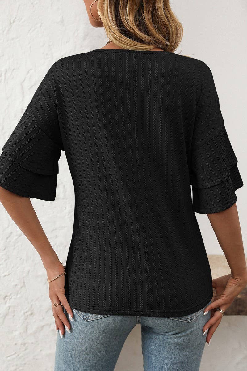 CWTBLS1713_SOLID COLOR V-NECK LOTUS SLEEVE T-SHIRT TOP