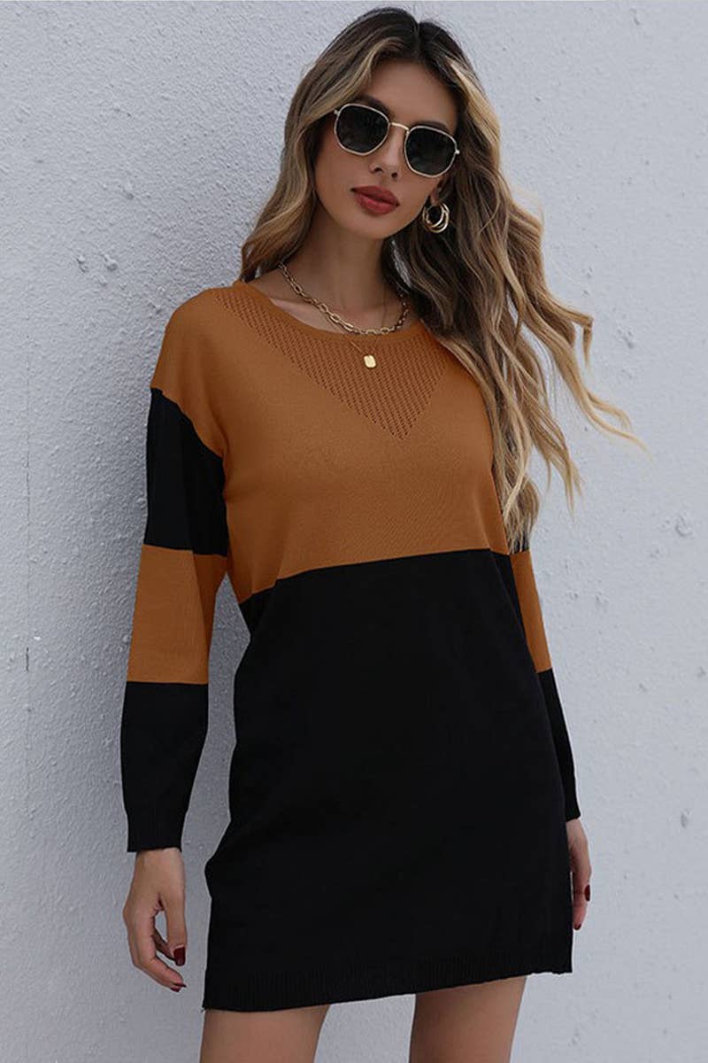 CWDSD7051_ROUND NECK LOOSE KNITTED PATCHWORK SWEATER DRESS