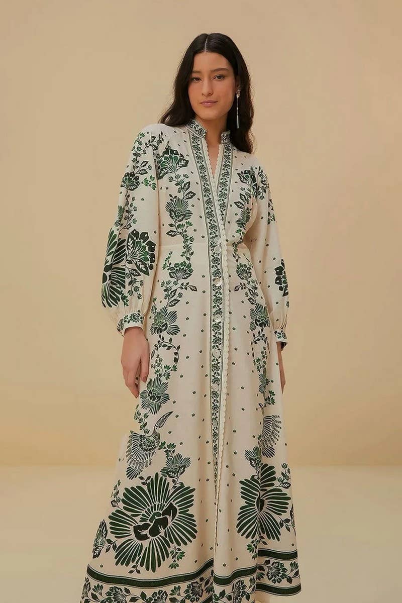 CWDMD4143_V-NECK LANTERN SLEEVE PRINTED LONG DRESS