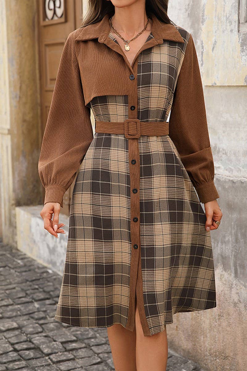 CWTDSL00030_CASUAL VINTAGE PLAID SHIRT COLLAR DRESS