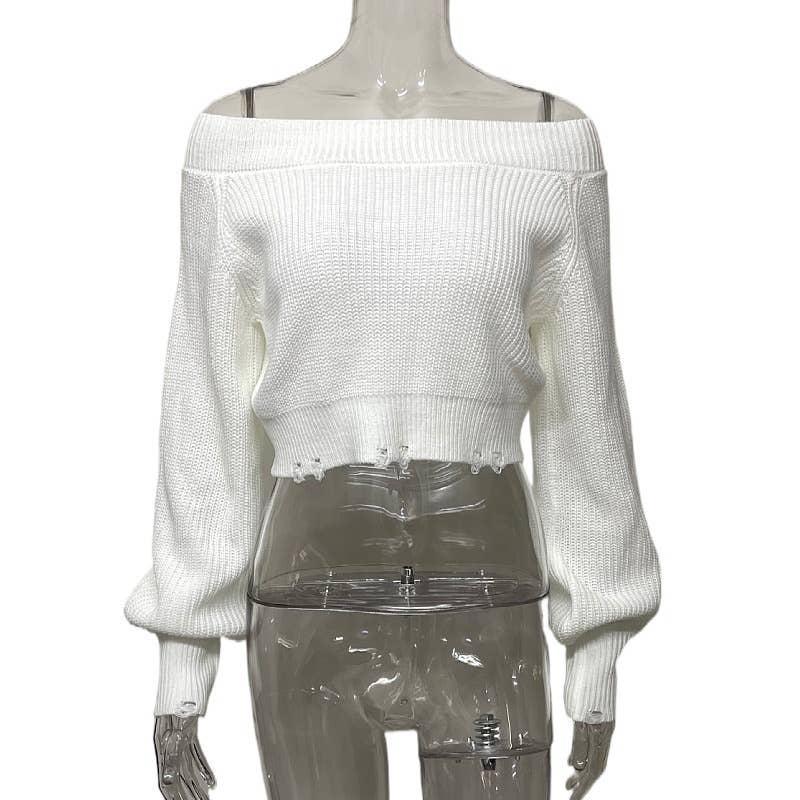 Crop top shoulder and cut-out knitted sweater