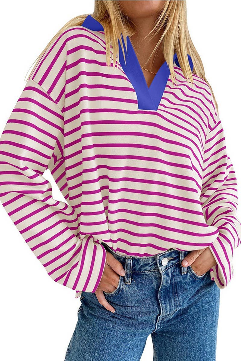 CWTBLL1811_LAPEL STRIPED V-NECK LOOSE SWEATSHIRT