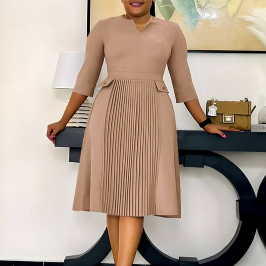 OVERSIZED PLEATED THREE-QUARTER SLEEVE DRESS_CWDSD6088