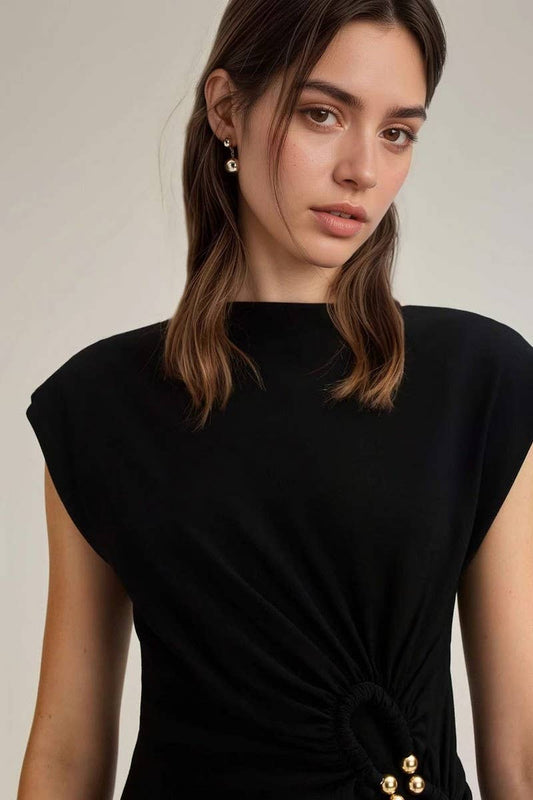 CWDMD6353_SOLID RUCHED BUTTON DETAIL LONG DRESS