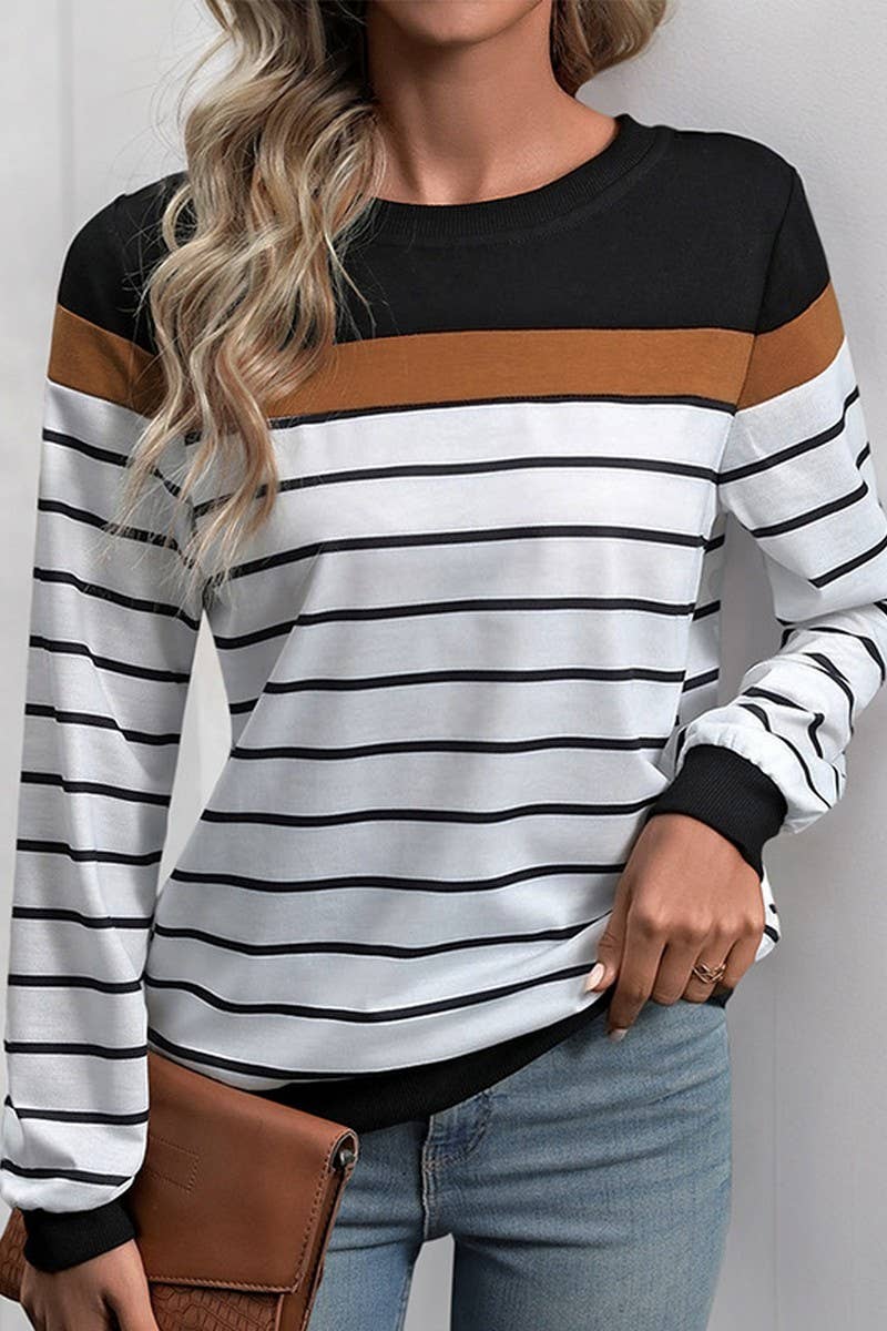CWTBLL1737_CASUAL LONG-SLEEVED ROUND-NECK STRIPED SWEATSHIRT