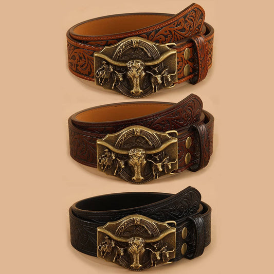 VINTAGE EMBOSSED BELT ENGRAVED BULL HEAD STYLE BELT