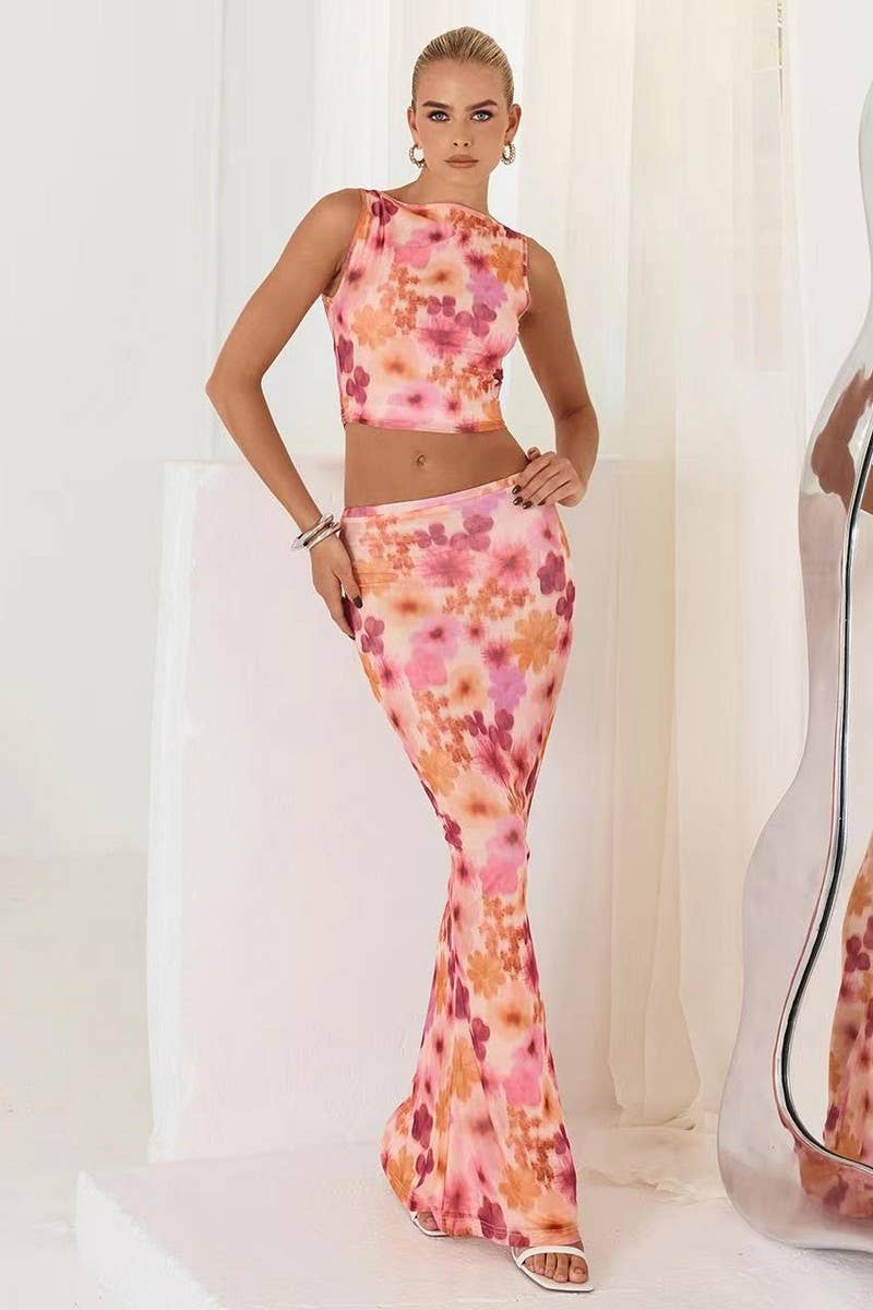 CWSTB1951_SLEEVELESS MESH FLORAL PRINT SKIRT SET