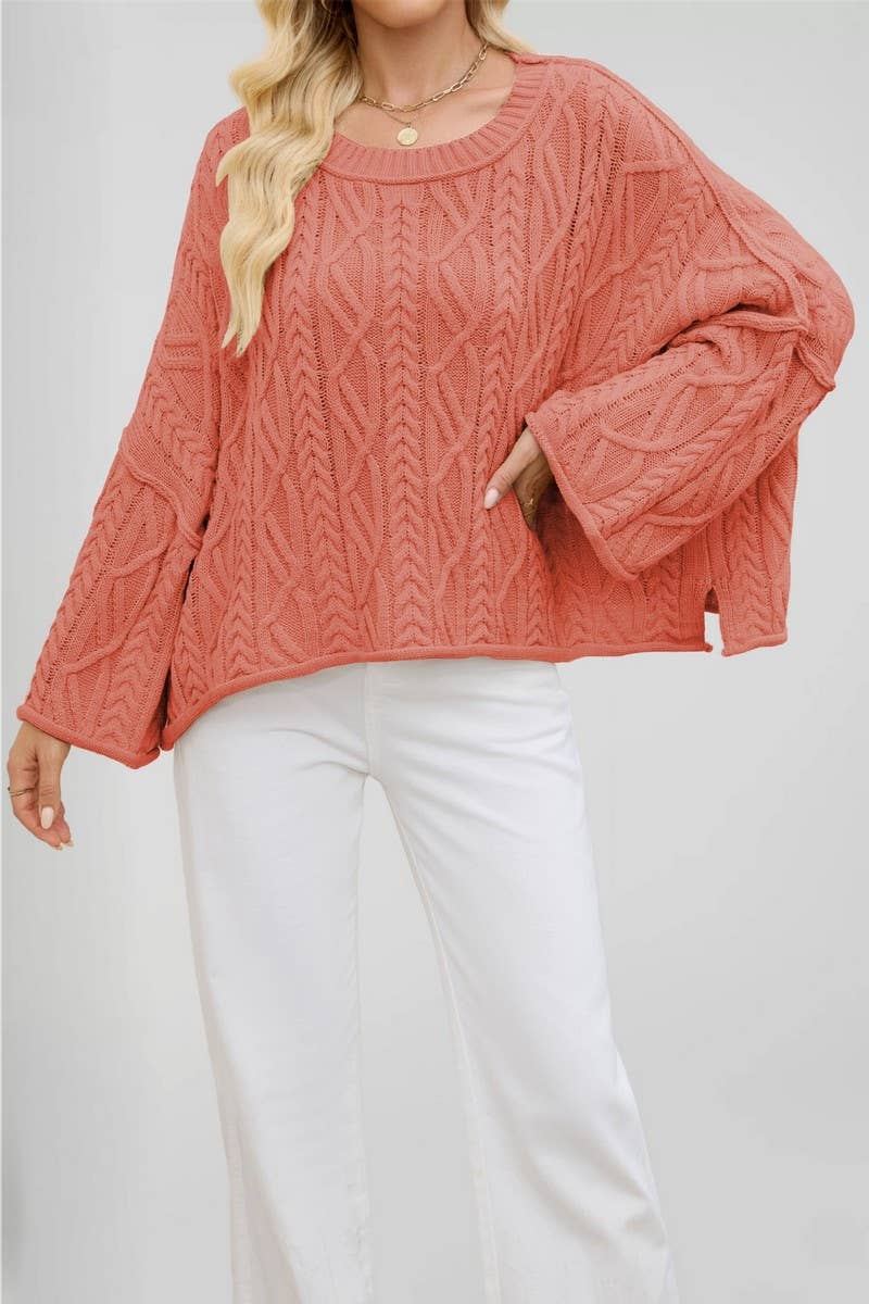 CWOSWL7016_ROUND NECK SHORT CABLE KNIT LOOSE SWEATER