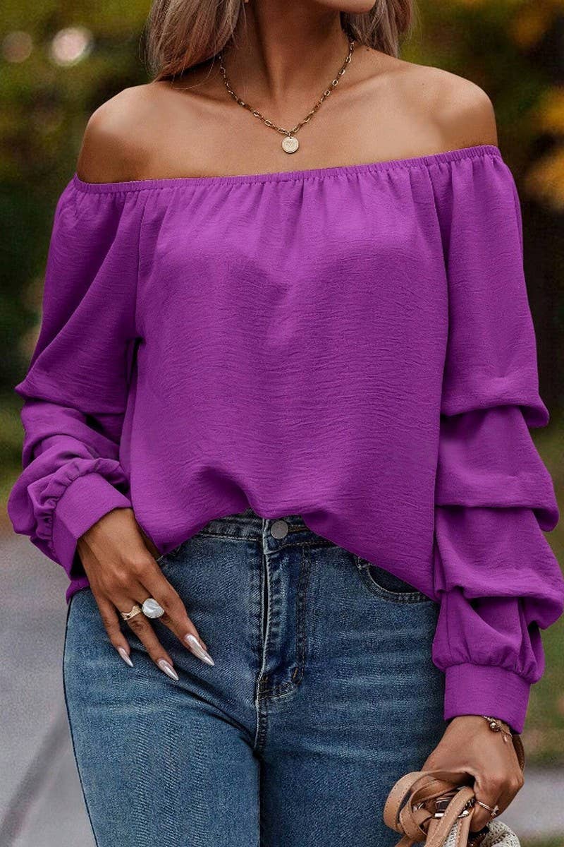 CWTBLL4006_SOLID OFF SHOULDER KNOT SLEEVE LONG SLEEVE SHIRT