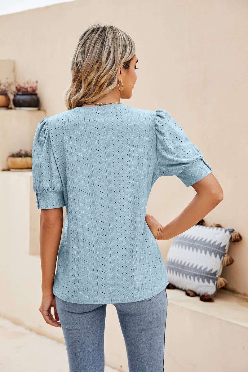 CWTBLS0615_ HOLLOW PUFF SLEEVES SHORT SLEEVED BLOUSE TOP