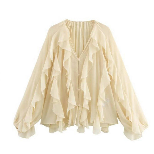 Women's Stylish Ruffled V-Neck Spring Blouse