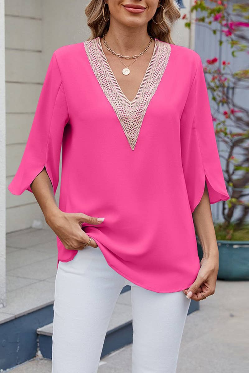 CWTTS1345_SPRING AND SUMMER V-NECK LACE CHIFFON TOP