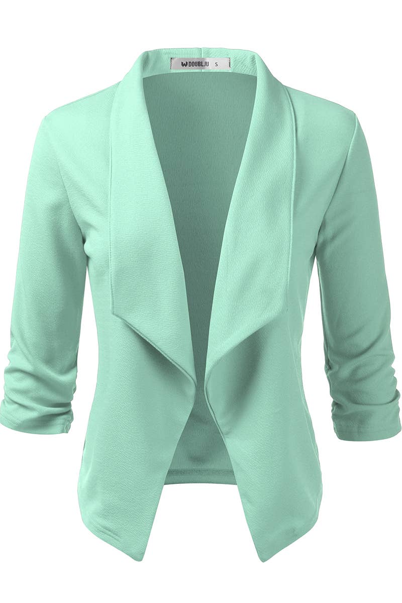 CWOBL091_Casual Work Ruched 3/4 Slv Open Front Blazer Jacket