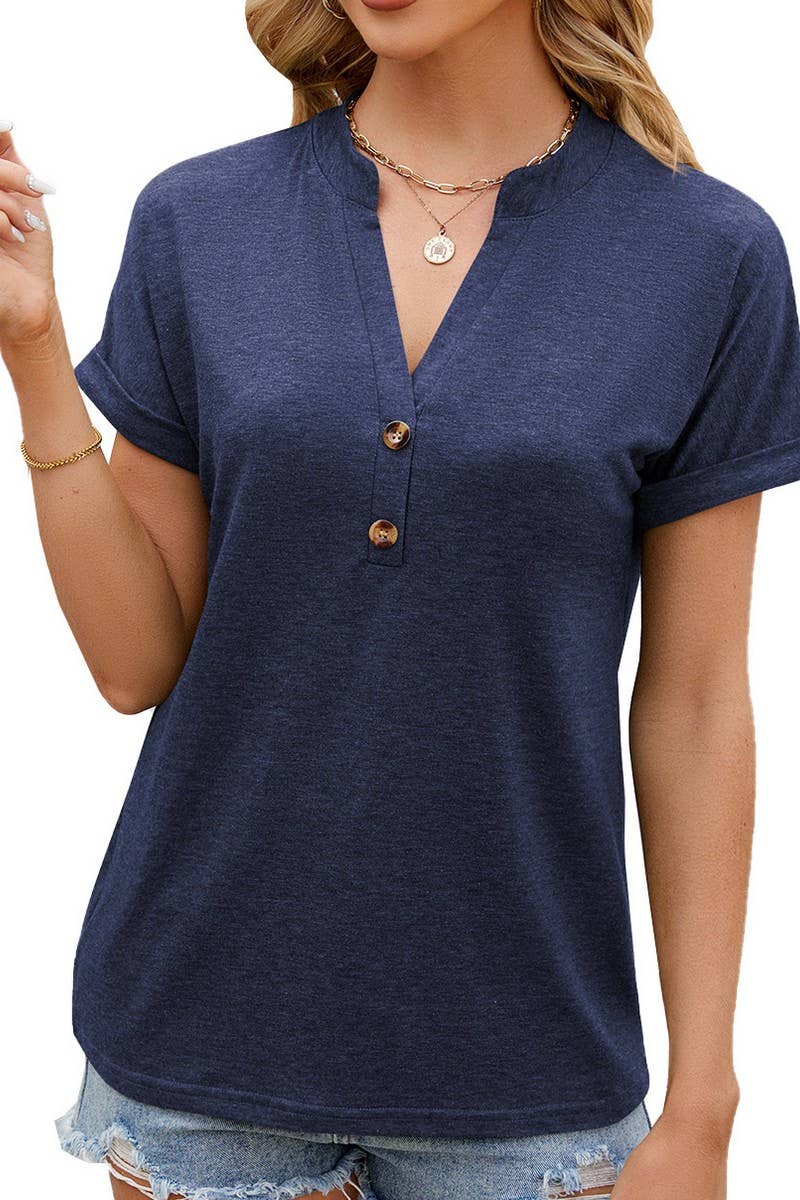 CWTBLS0866_V-NECK SOLID COLOR BUTTON-DOWN SHORT-SLEEVED TOP