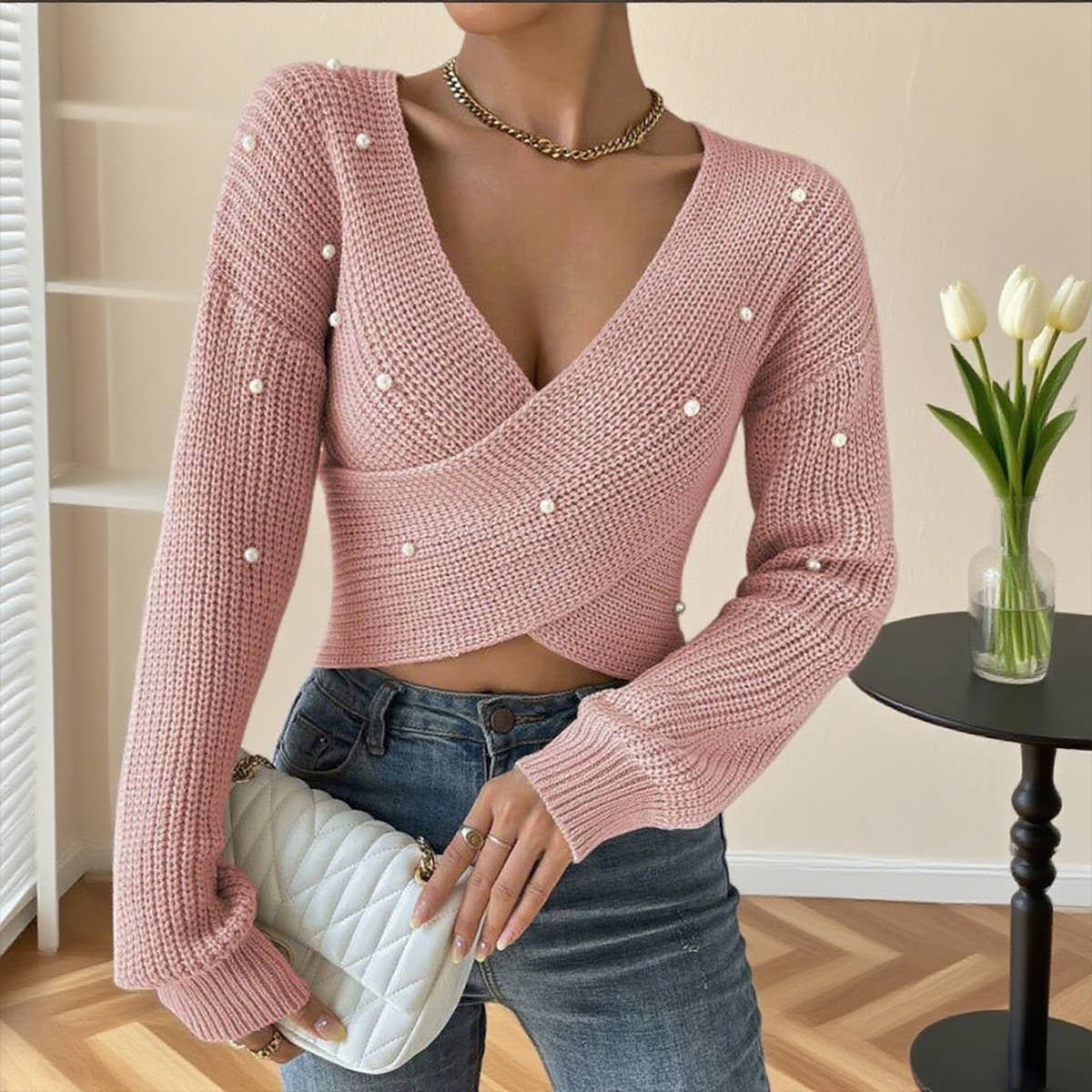 Beaded one-shoulder slimming knitted sweater
