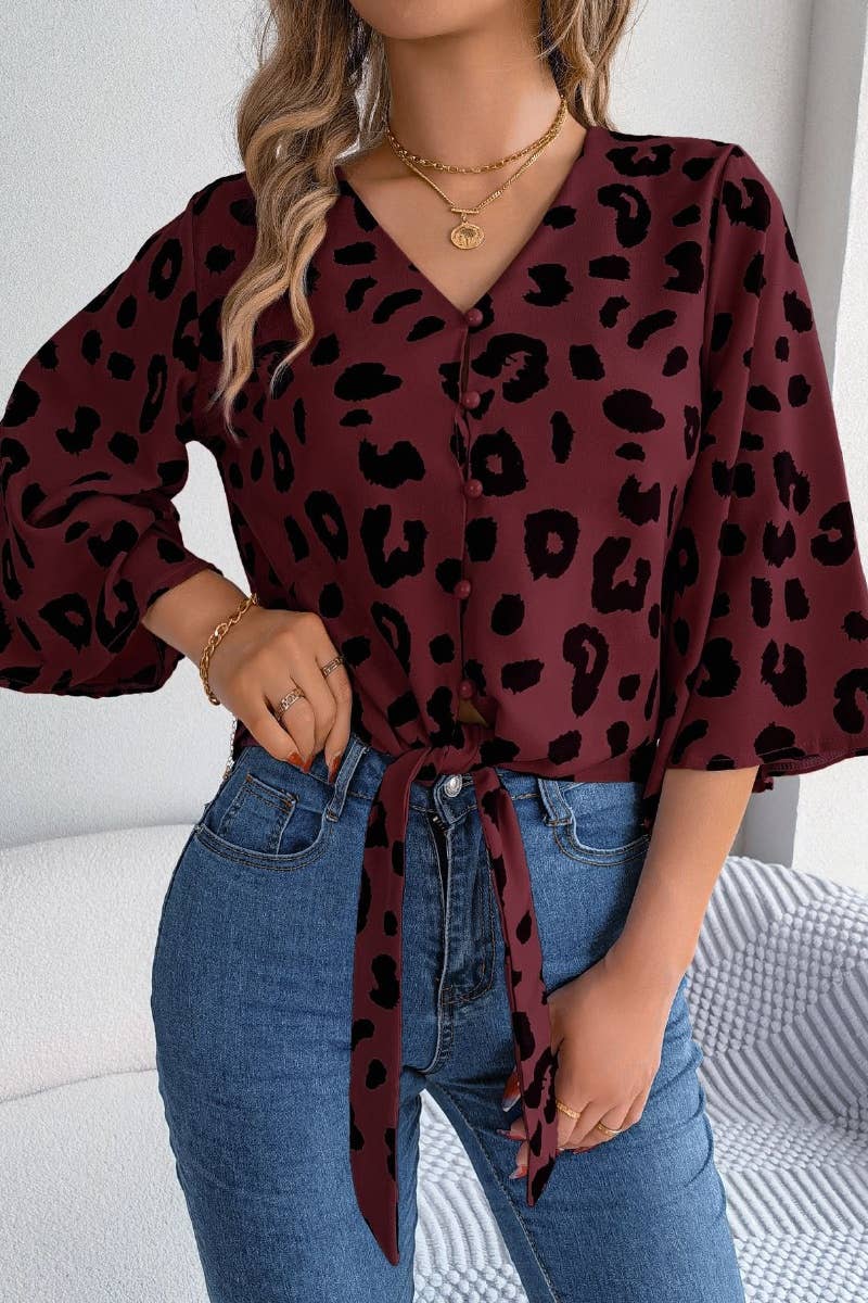 CWTSTL1203_CASUAL LEOPARD PRINT LACE-UP CHIFFON SHIRT TOP