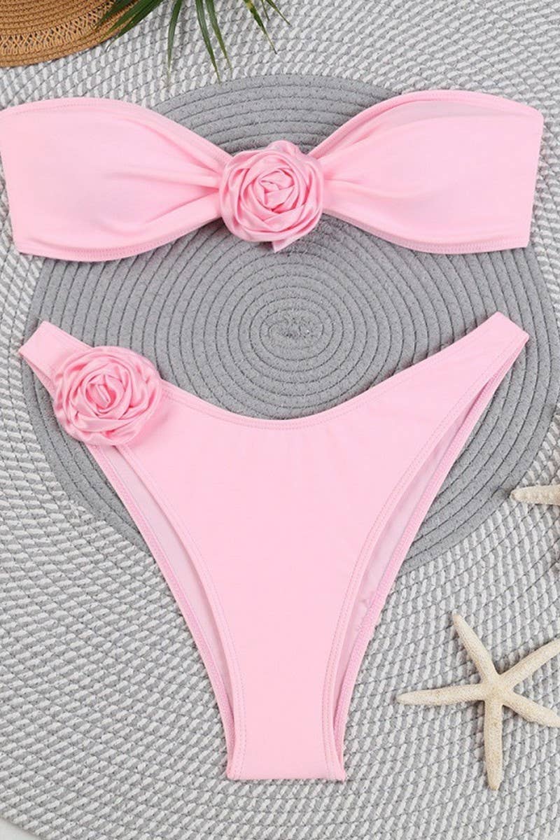 CWMW0874_SOLID COLOR 3D FLOWER BIKINI TWO-PIECE SWIMSUIT