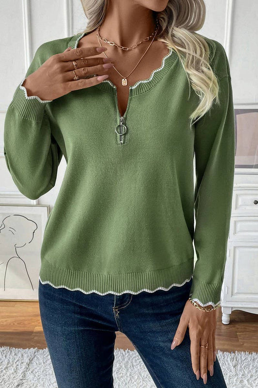 CWOSWL6844_ZIPPERED CONTRASTING CREW NECK CASUAL SWEATER