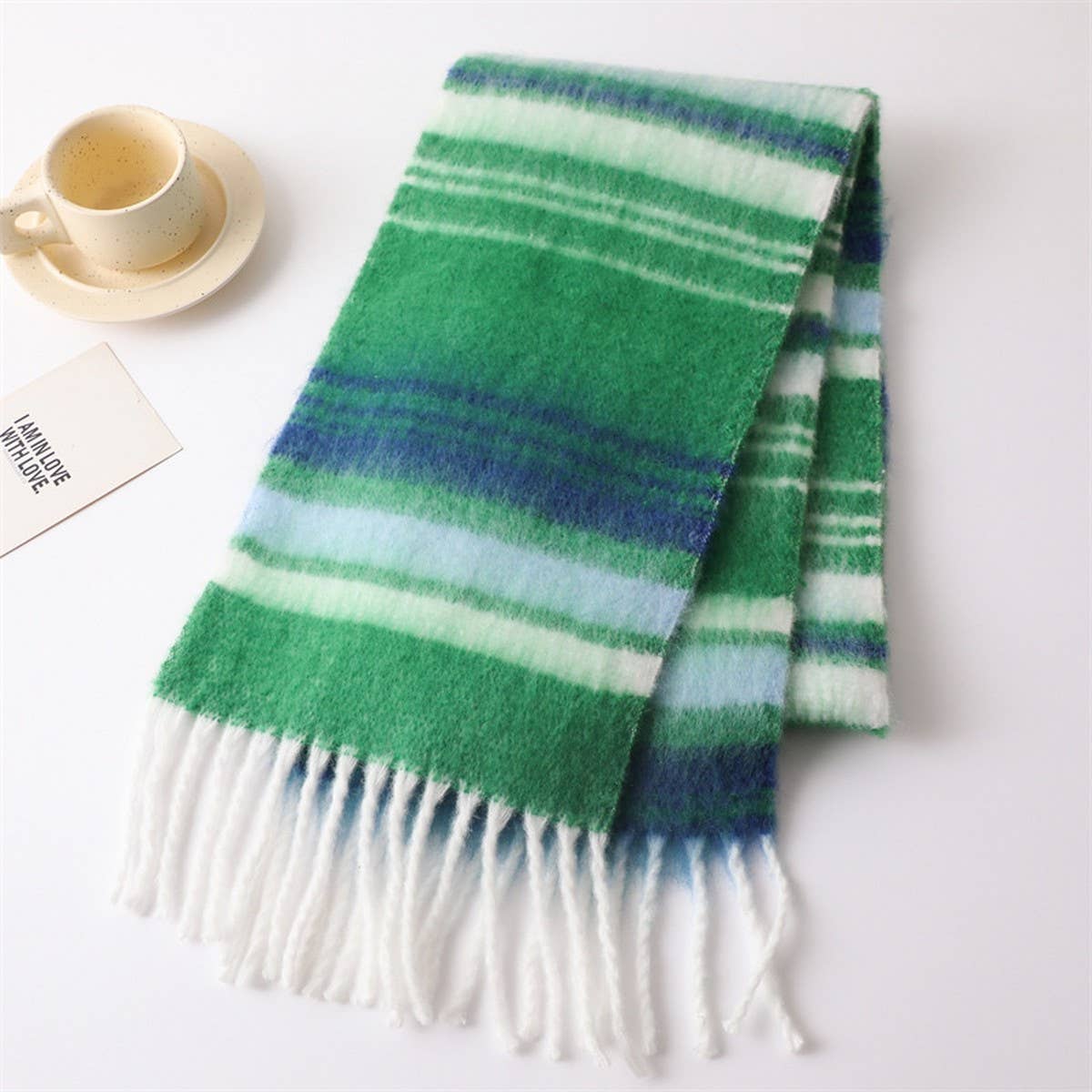 Color Stripe Fluffy Tassel Scarf for Winter