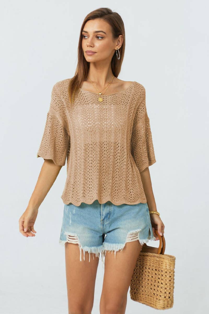 CWTBLS0759_KNITTED CREW NECK HOLLOWED OUT SHORT JACKET