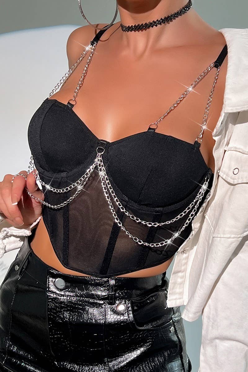 CWTTK0749_MESH STITCHING METAL CHAIN HERRINGBONE SHORT TOP