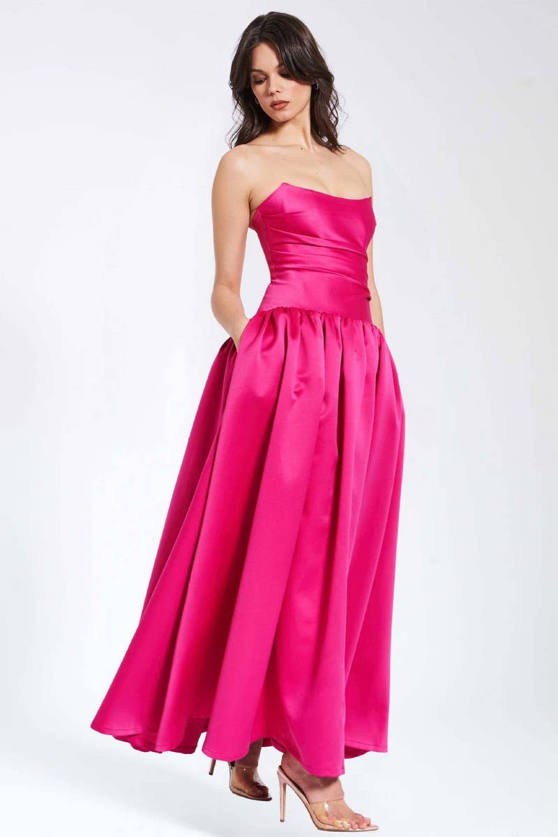 CWDHL1074_FRENCH ROSE RED SUSPENDER DRESS WITH SLIM WAIST