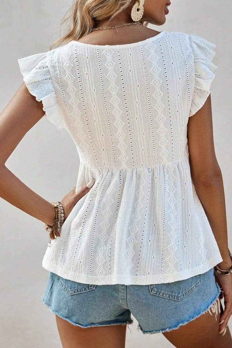 CWTBLSL0964_EYELET V-NECK RUFFLE SLEEVE LACE TRIM TEE