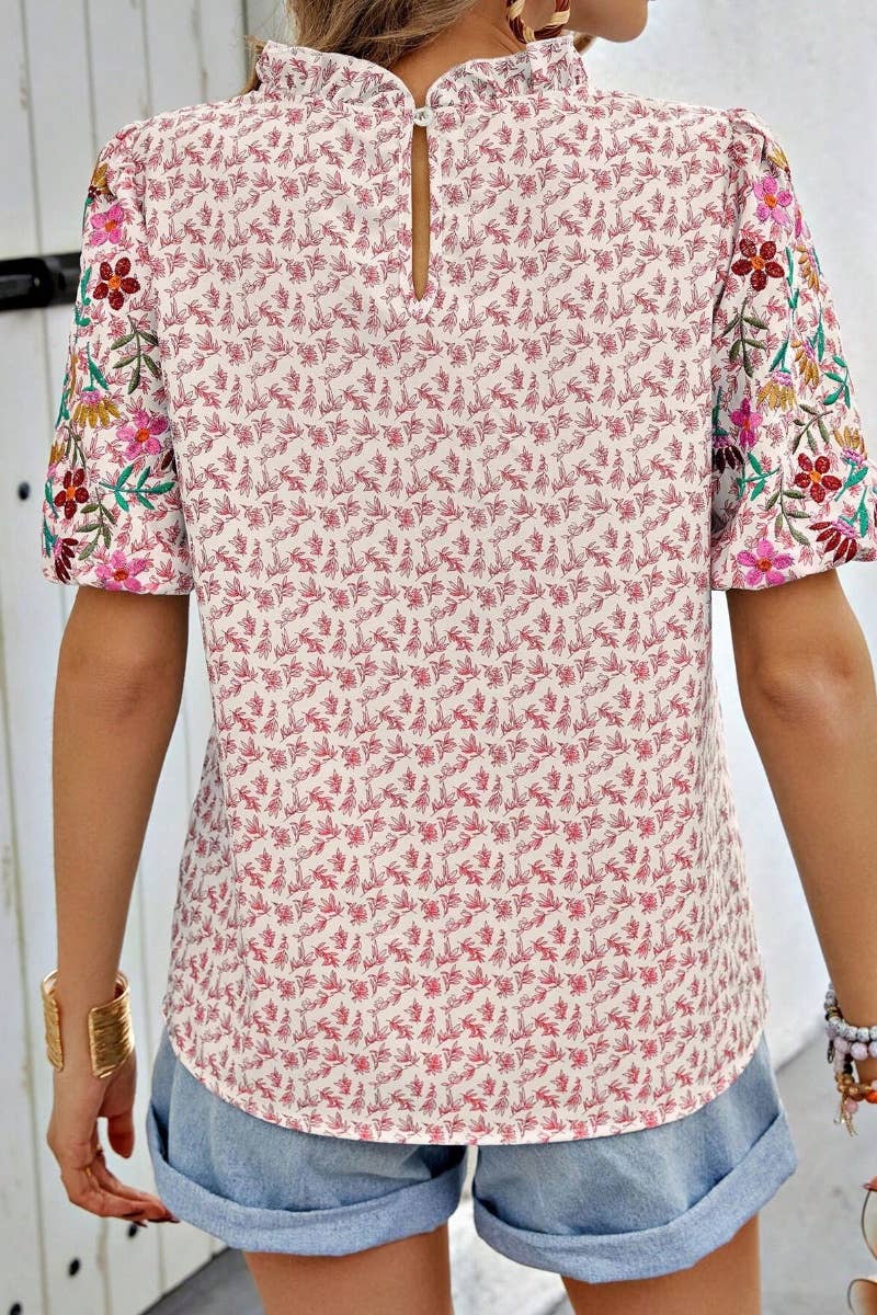 CWTBLS1126_SUMMER PRINT SHORT SLEEVED TOP WITH WAVY NECK