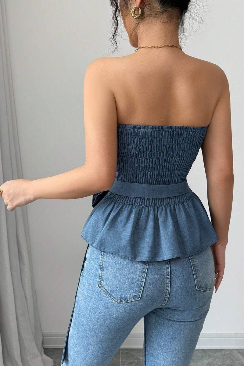 CWTTT0076_SOLID COLOR STRAPLESS 3D FLORAL CROP TOP