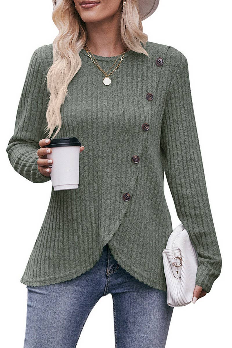 CWTBLL1830_SOLID COLOR ROUND NECK RIBBED HEM BUTTON T-SHIRT