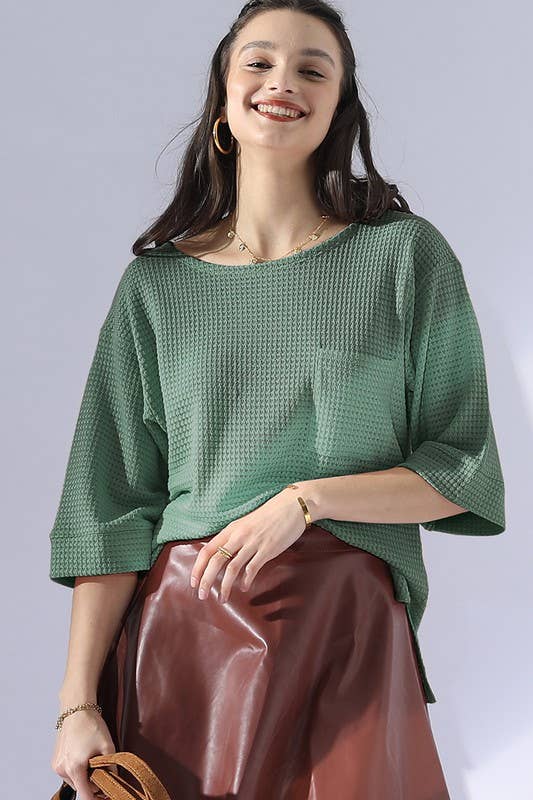 CWTTS696_ROUND NECK ROLLED SHORT SLEEVE TUNIC TOP