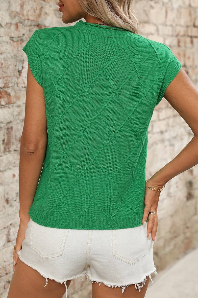 CWTTS1370_ROUND NECK DIAMOND CHECK KNITTED SHORT SLEEVES