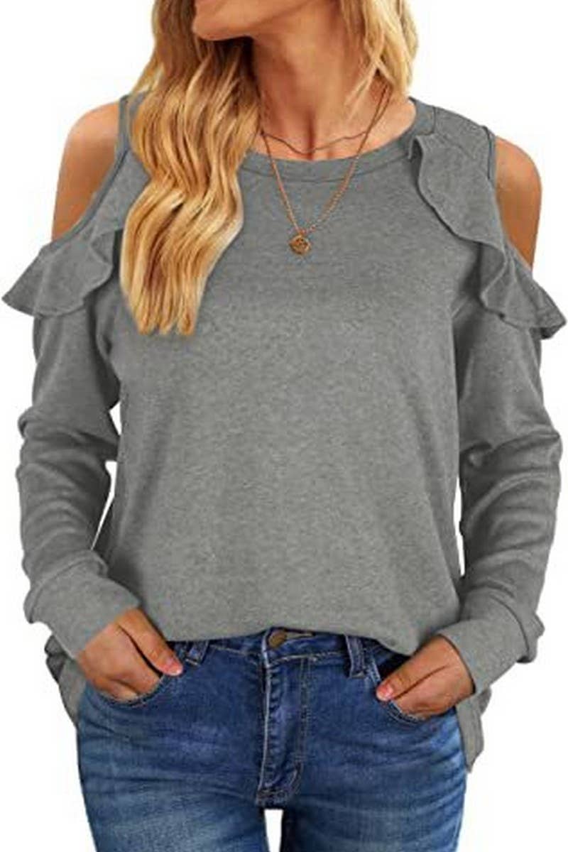CWTBLL2671_ROUND NECK OFF-SHOULDER RUFFLED LOOSE TOP