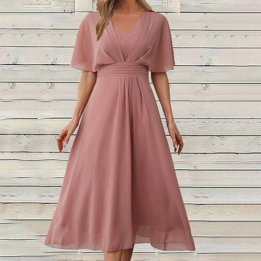 CHIFFON V-NECK SHORT-SLEEVED SWING DRESS